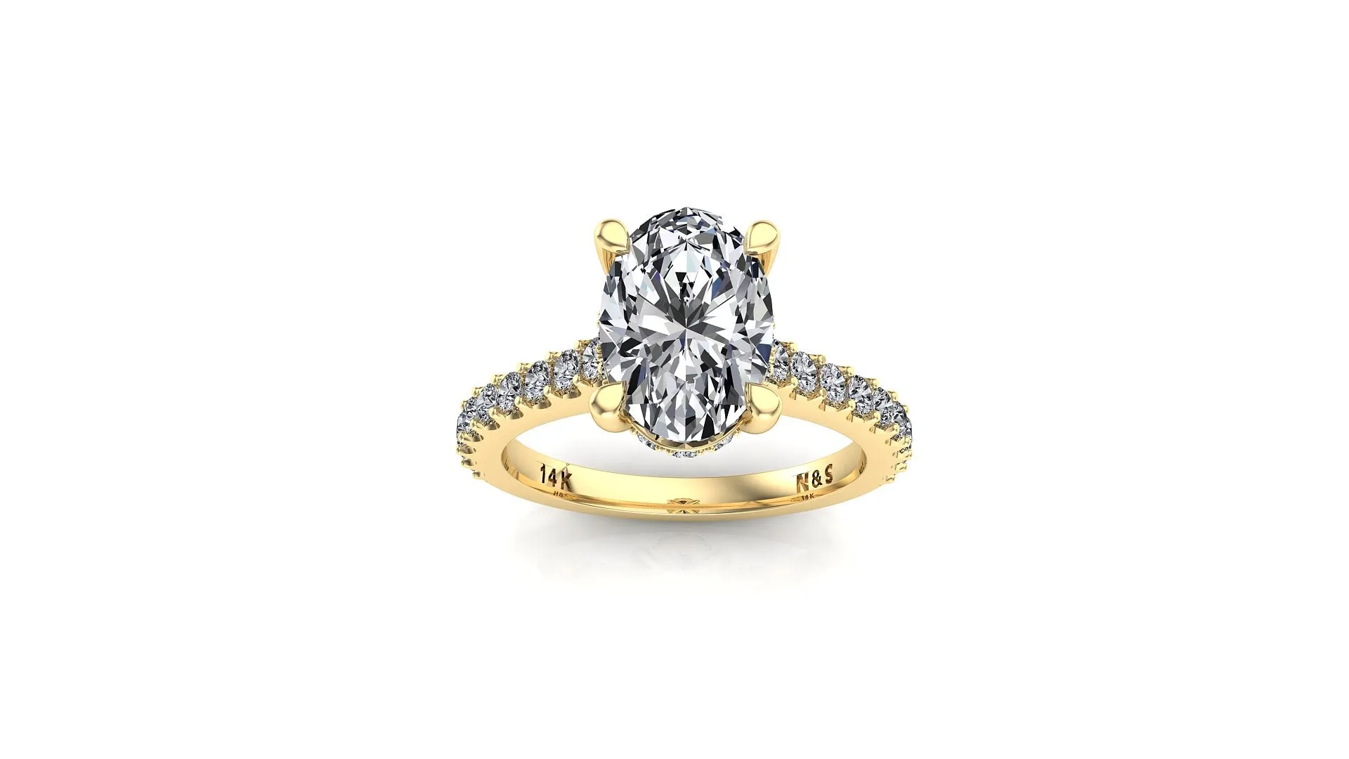 10x8mm (3.00ct)  ForeverOne Oval Moissanite Under Halo in 2.0mm Jennifer Diamond Band 14K Gold MOENG036