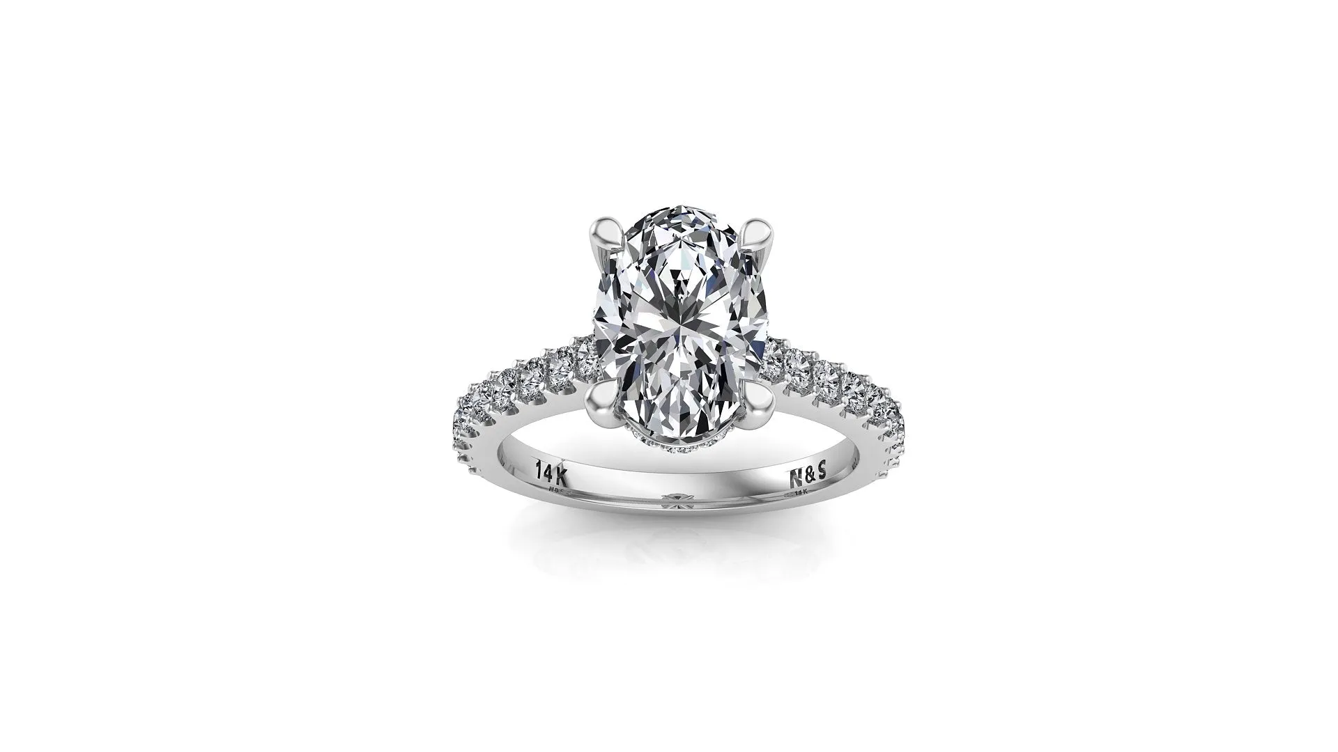 10x8mm (3.00ct)  ForeverOne Oval Moissanite Under Halo in 2.0mm Jennifer Diamond Band 14K Gold MOENG036