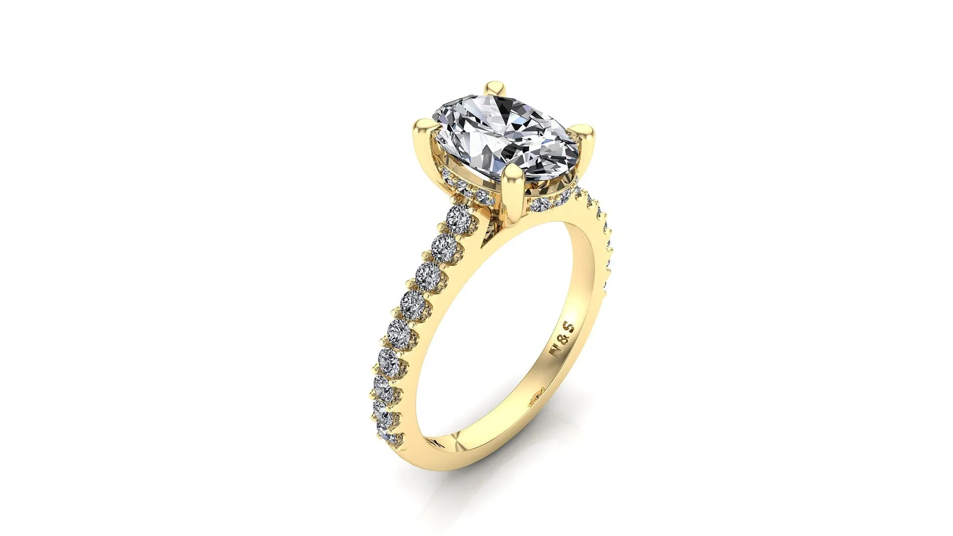 10x8mm (3.00ct)  ForeverOne Oval Moissanite Under Halo in 2.0mm Jennifer Diamond Band 14K Gold MOENG036