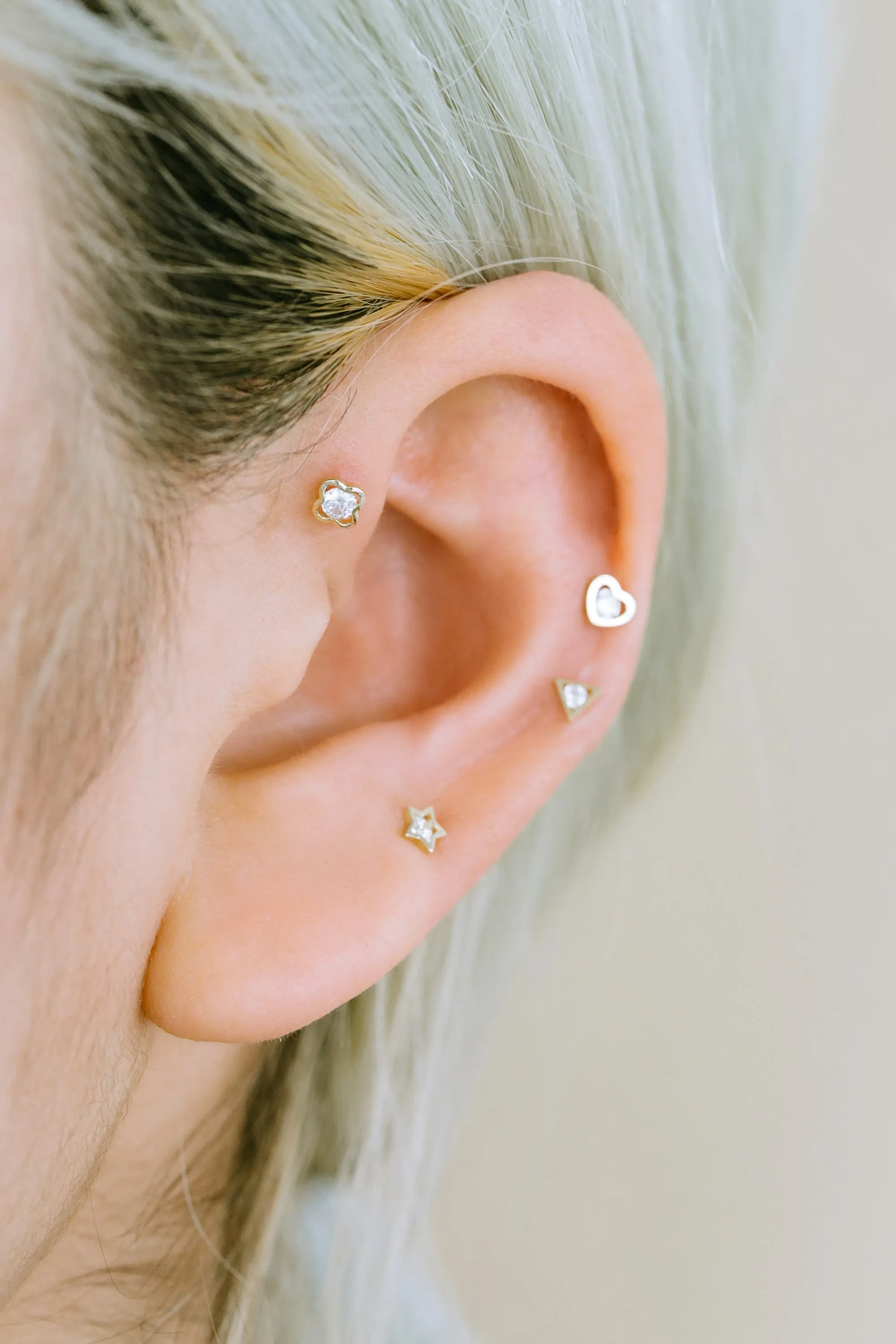 14k Real Gold Cz Heart Triangle Star Clover Tragus Cartilage Inner Conch Forward Helix Ear Stud Earring Barbell Piercing For Women Jewelry