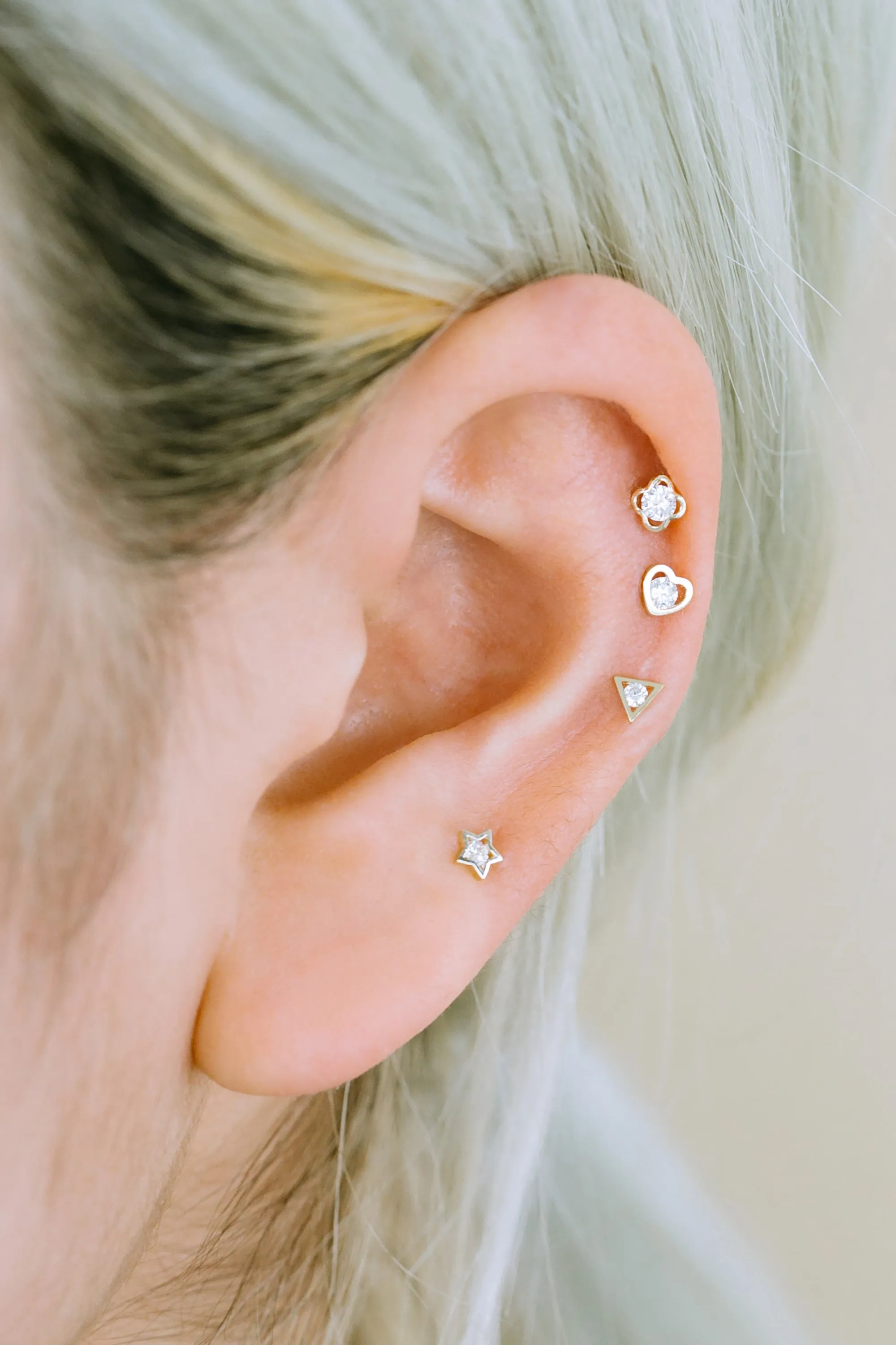 14k Real Gold Cz Heart Triangle Star Clover Tragus Cartilage Inner Conch Forward Helix Ear Stud Earring Barbell Piercing For Women Jewelry