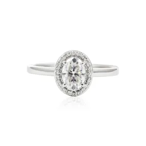 14K White Gold 0.85CT Oval Moissanite Diamond Halo Engagement Ring