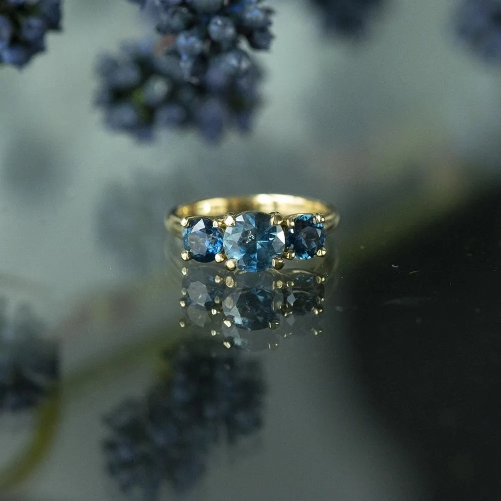 1.78ct Blue Montana Sapphire Three Stone Ring in 18k Yellow Gold