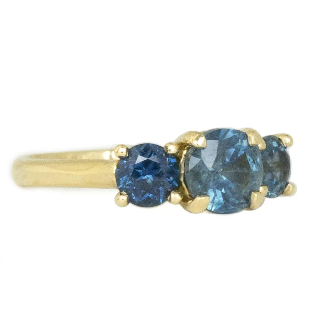 1.78ct Blue Montana Sapphire Three Stone Ring in 18k Yellow Gold