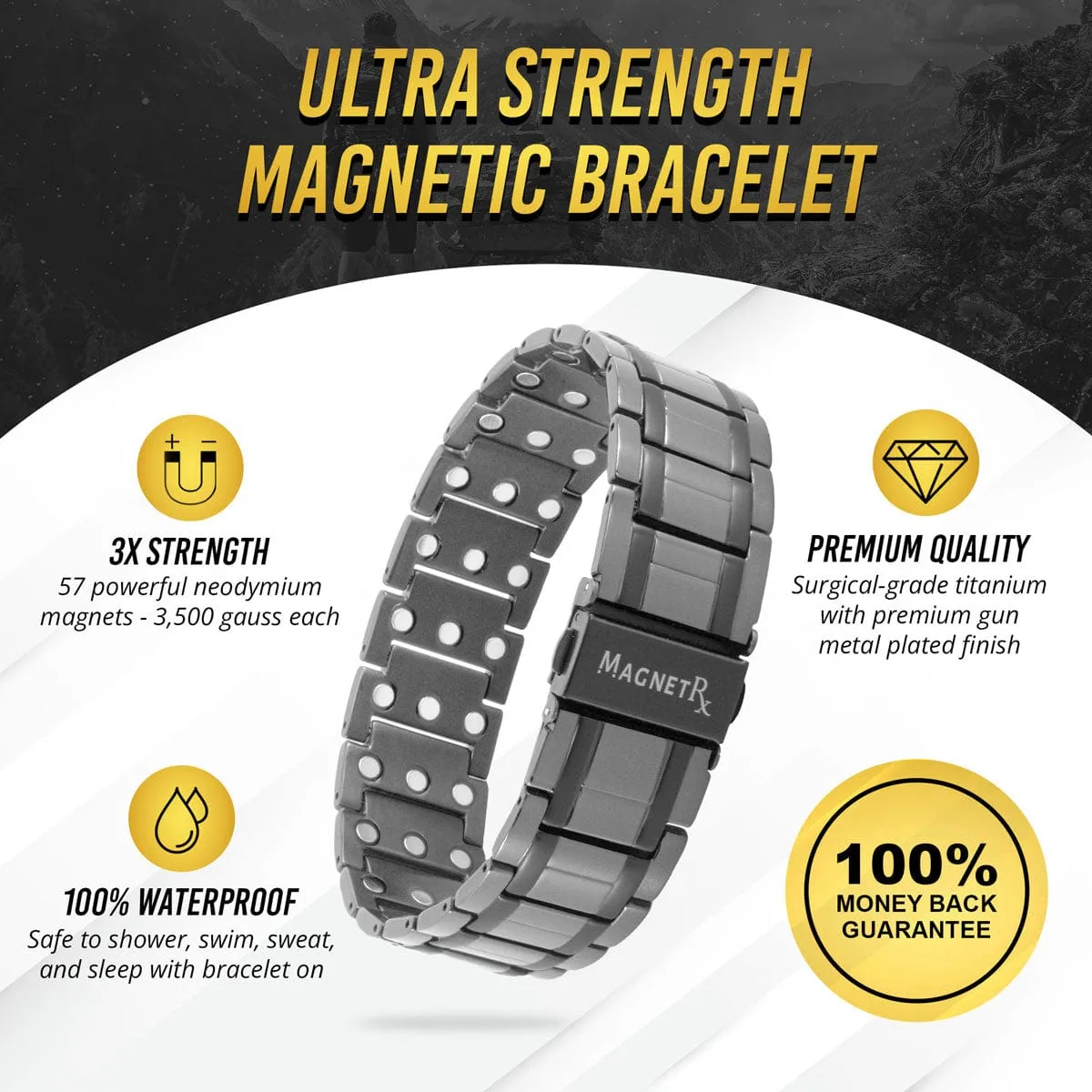 3x Strength Titanium Magnetic Bracelet for Men (Gunmetal)