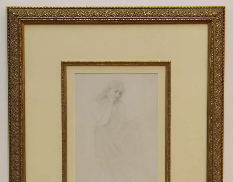 Academic Pencil Drawing of Pensive Woman, Framed