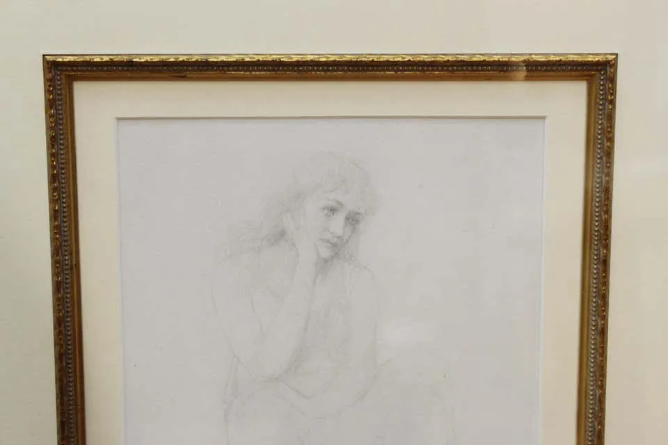 Academic Pencil Drawing of Pensive Woman, Framed