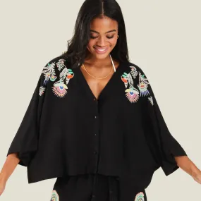 Accessorize London Women's Black Embroidered Beach Shirt Small