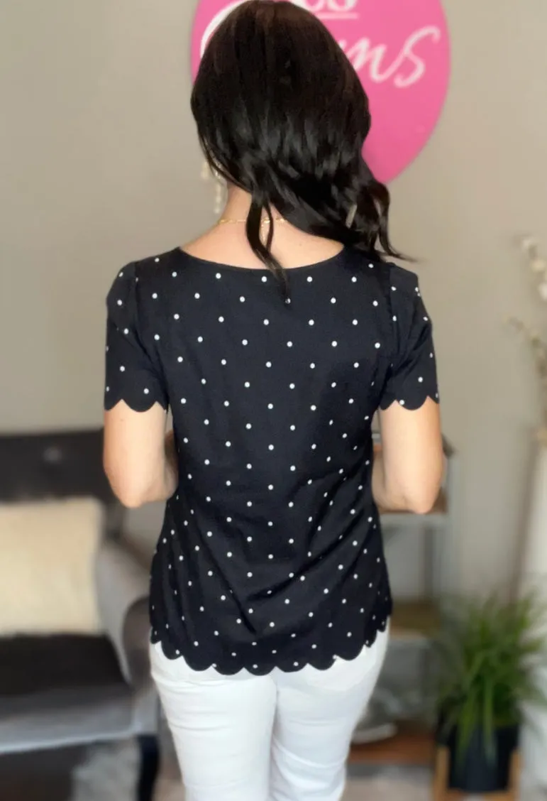 Black Polka Dot Scallop Edge Dotty Top