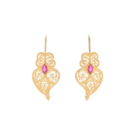 Gold Plated Heart of Viana Ruby Filigree Earrings