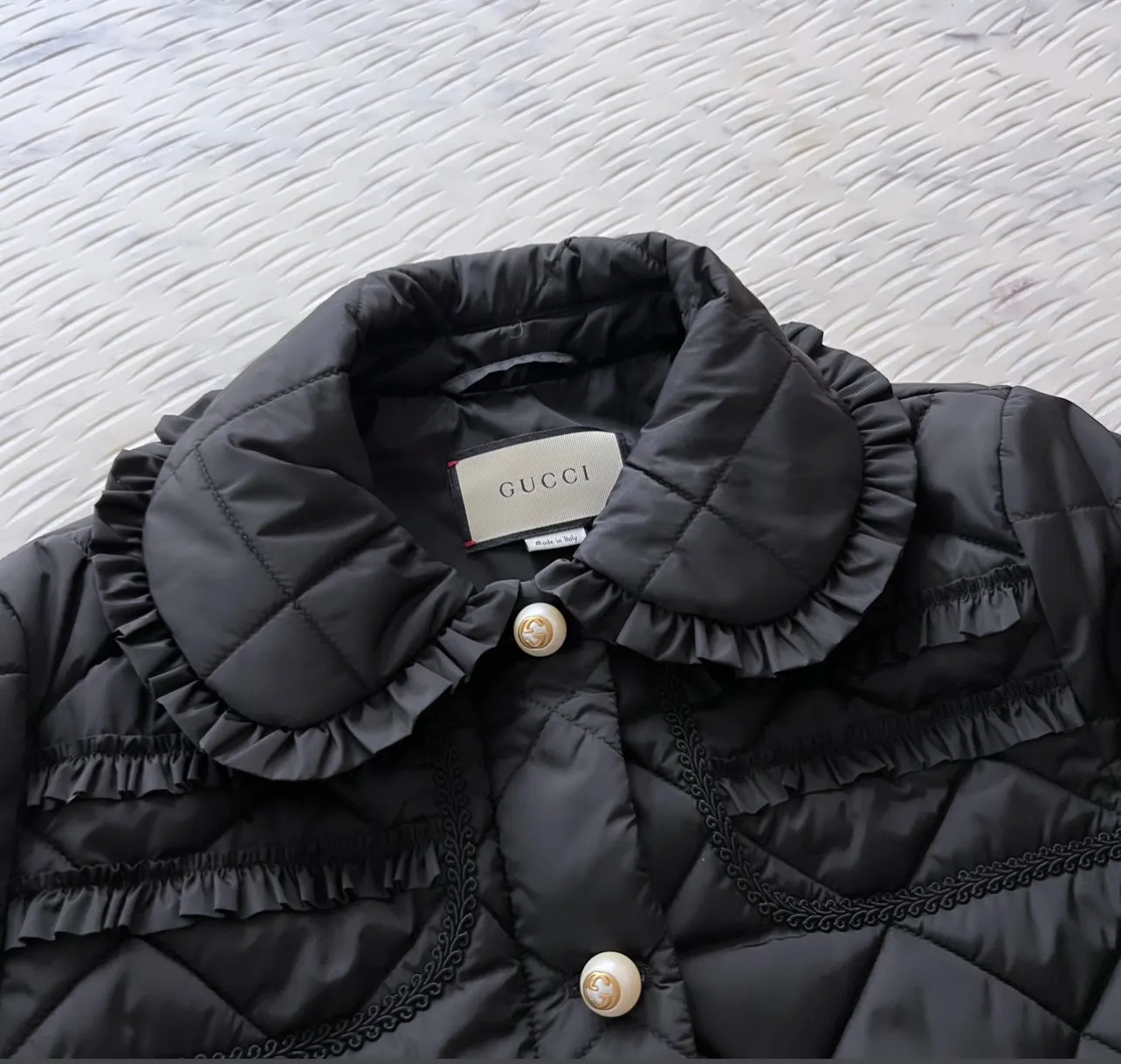 Gucci Black Ruffle Pearl Quilted Jacket