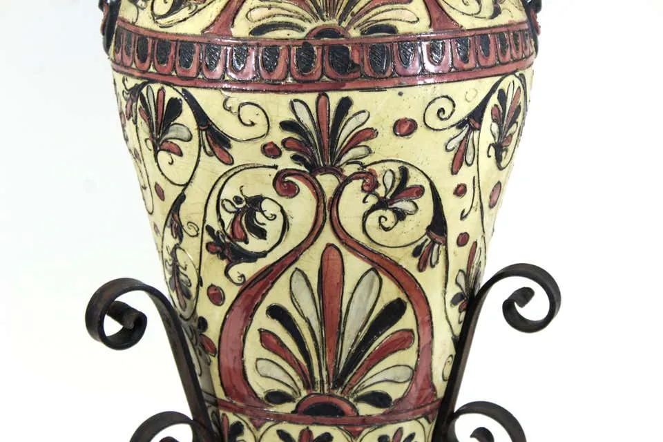 Italian Neoclassical Revival Sgraffito Pink and Cream Urn on Wrought Iron Base