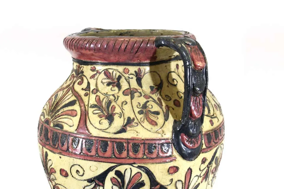 Italian Neoclassical Revival Sgraffito Pink and Cream Urn on Wrought Iron Base