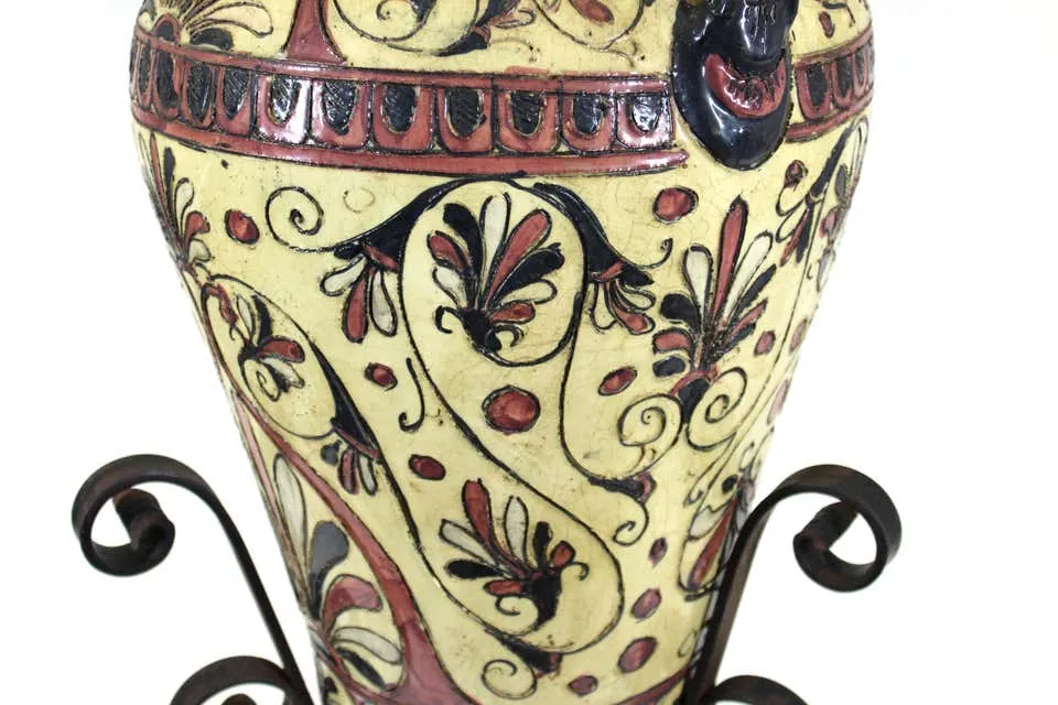 Italian Neoclassical Revival Sgraffito Pink and Cream Urn on Wrought Iron Base