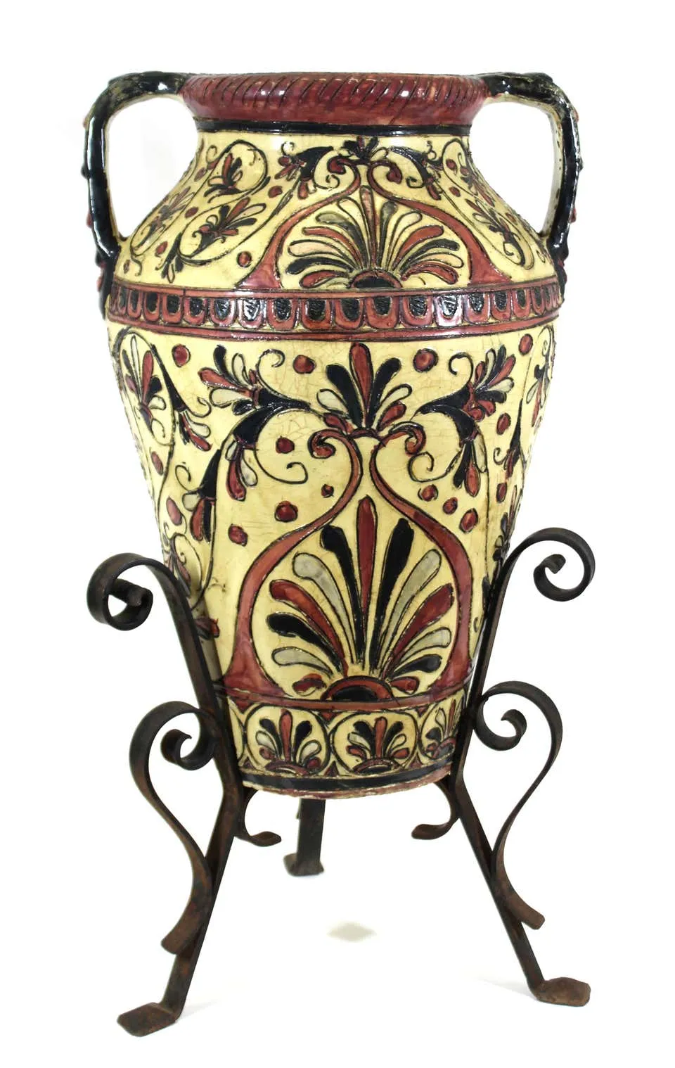 Italian Neoclassical Revival Sgraffito Pink and Cream Urn on Wrought Iron Base