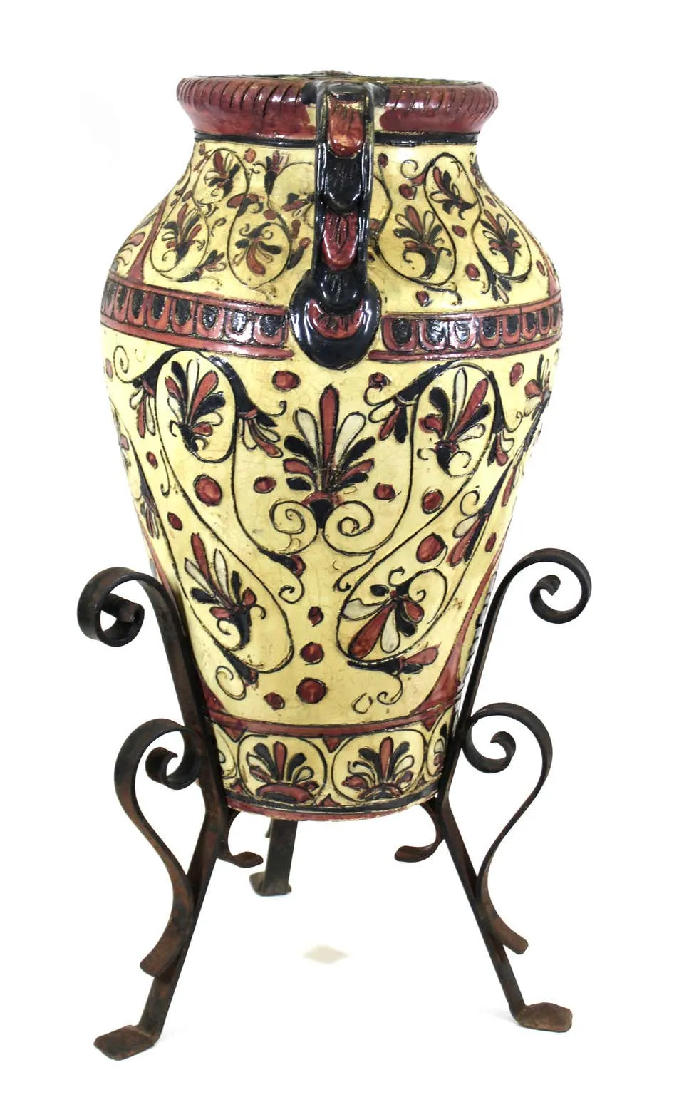 Italian Neoclassical Revival Sgraffito Pink and Cream Urn on Wrought Iron Base