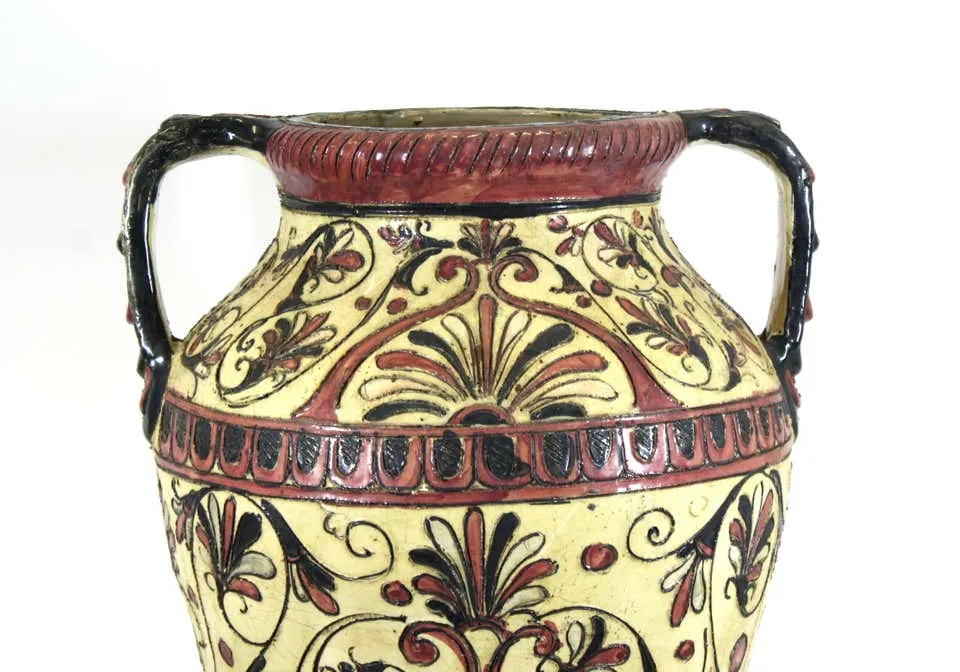 Italian Neoclassical Revival Sgraffito Pink and Cream Urn on Wrought Iron Base