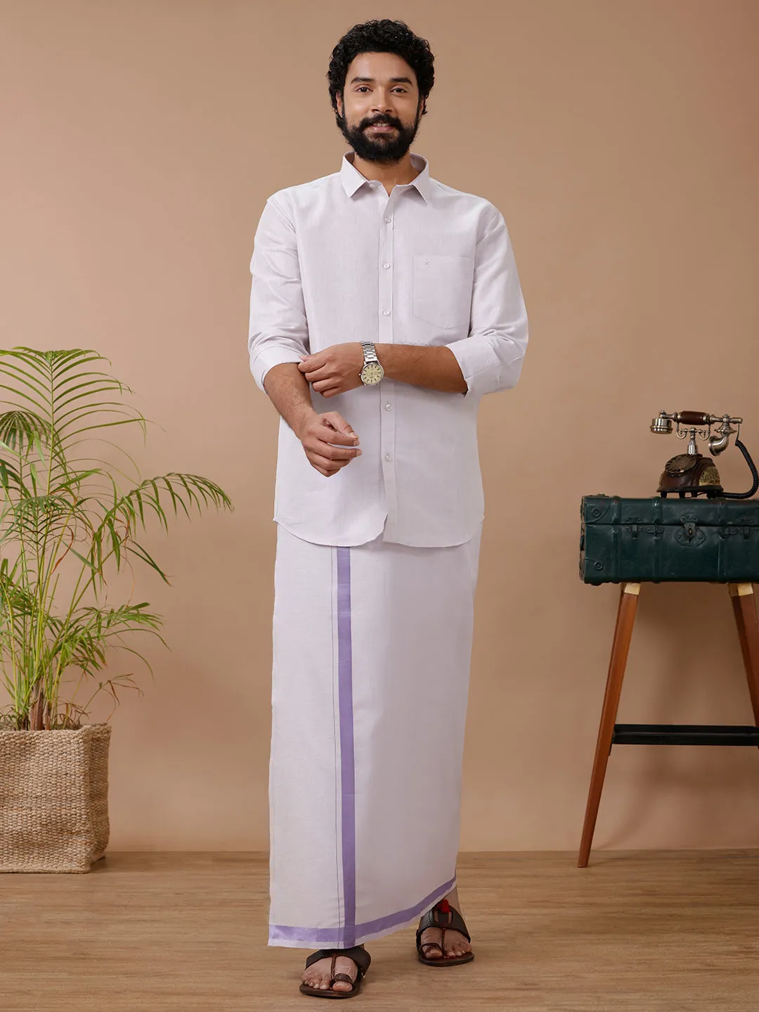 Like Father Like Son Tissue Dhoti & Shirt Combo Lavender