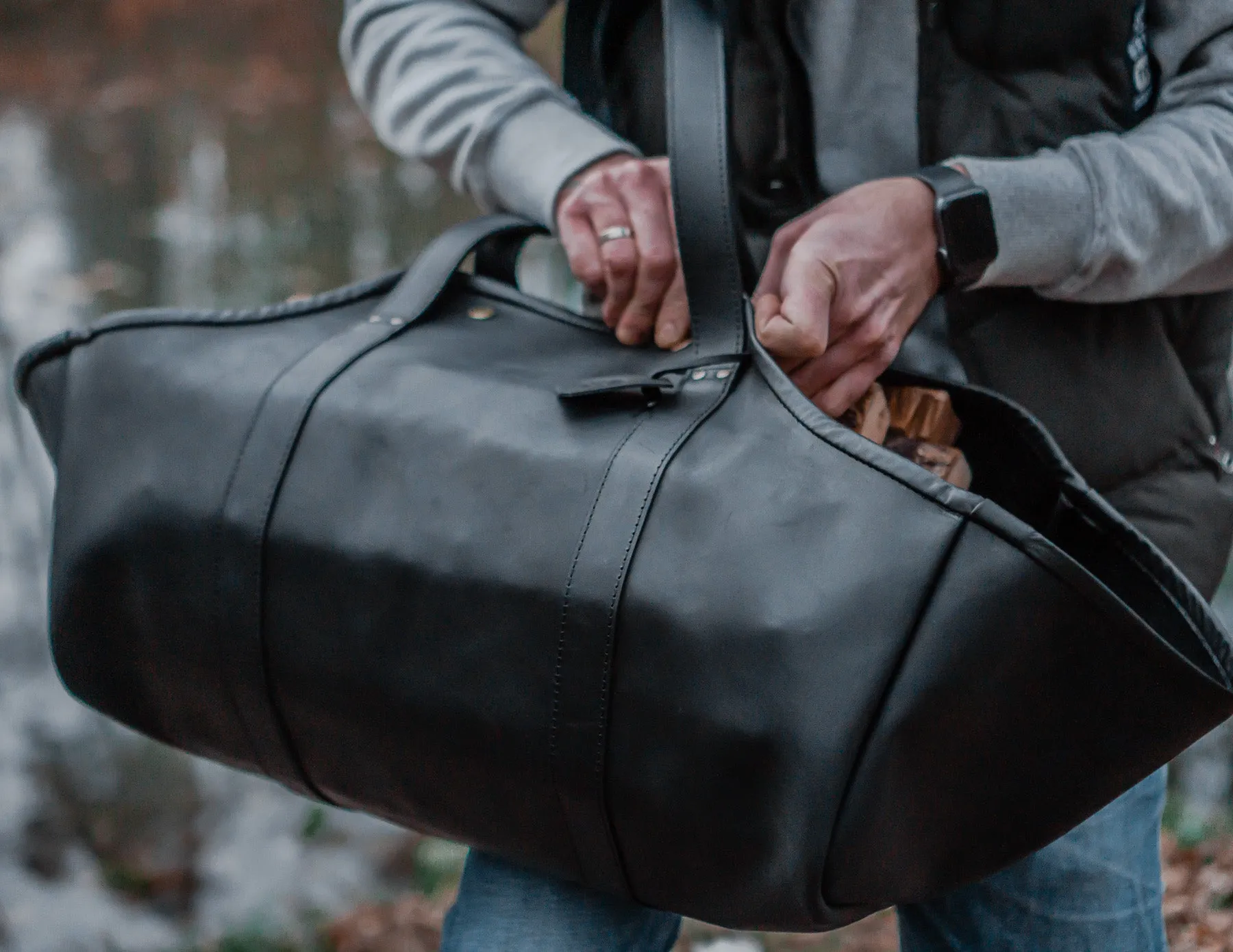 Log Firewood Carrier with sides | Black Log Tote Bag | HandMade