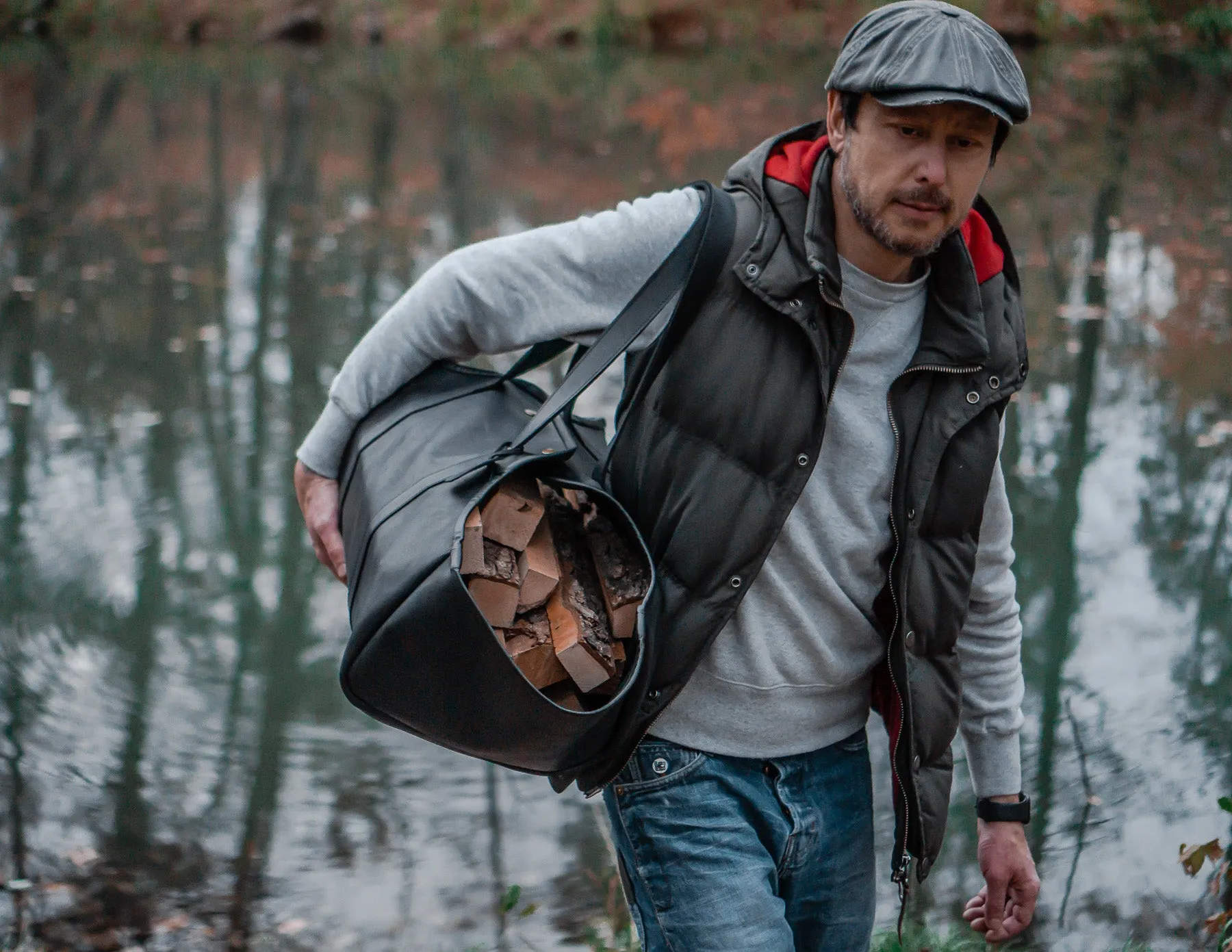 Log Firewood Carrier with sides | Black Log Tote Bag | HandMade