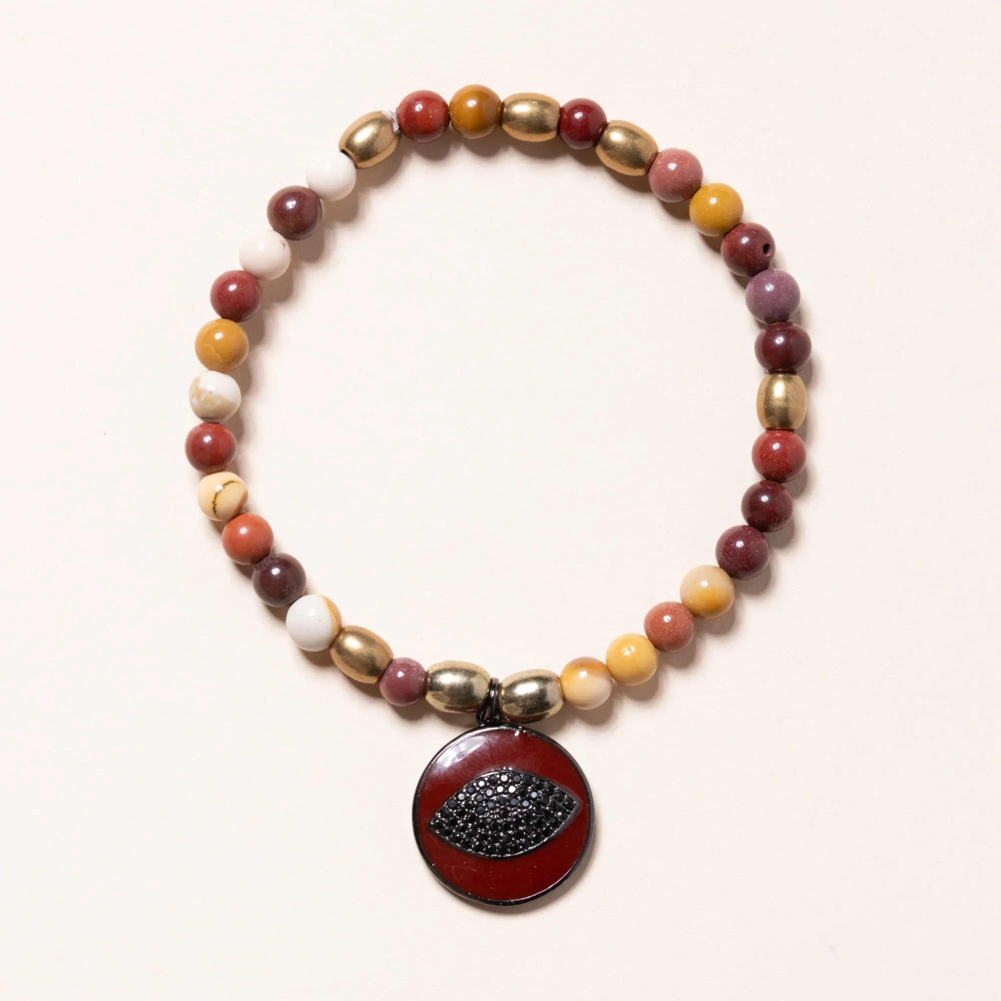 Mookaite and Brass with CZ and Enamel Lips Bloom Bracelet