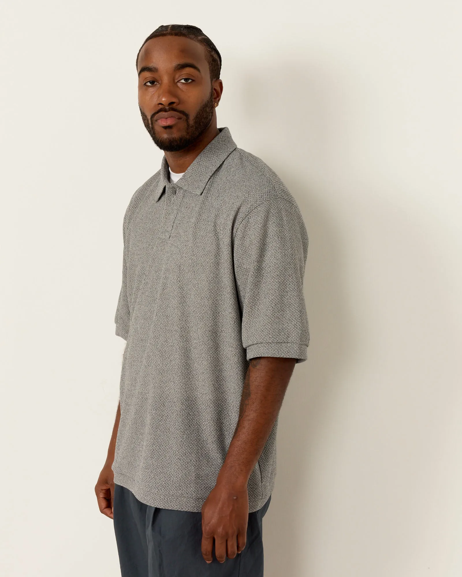 Moss Stitch Polo Shirt in Melange Grey