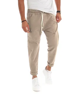 Pantaloni Jeans Uomo Regular Fit Beige Pantalaccio Con Rotture Casual GIOSAL-P3528A