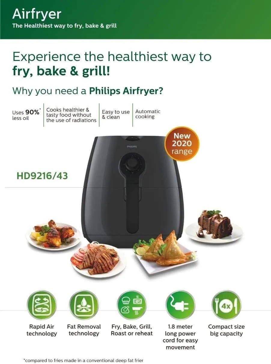 Philips HD9216/43 Airfryer with Rapid Air Technology for Healthy Cooking, Baking and Grilling