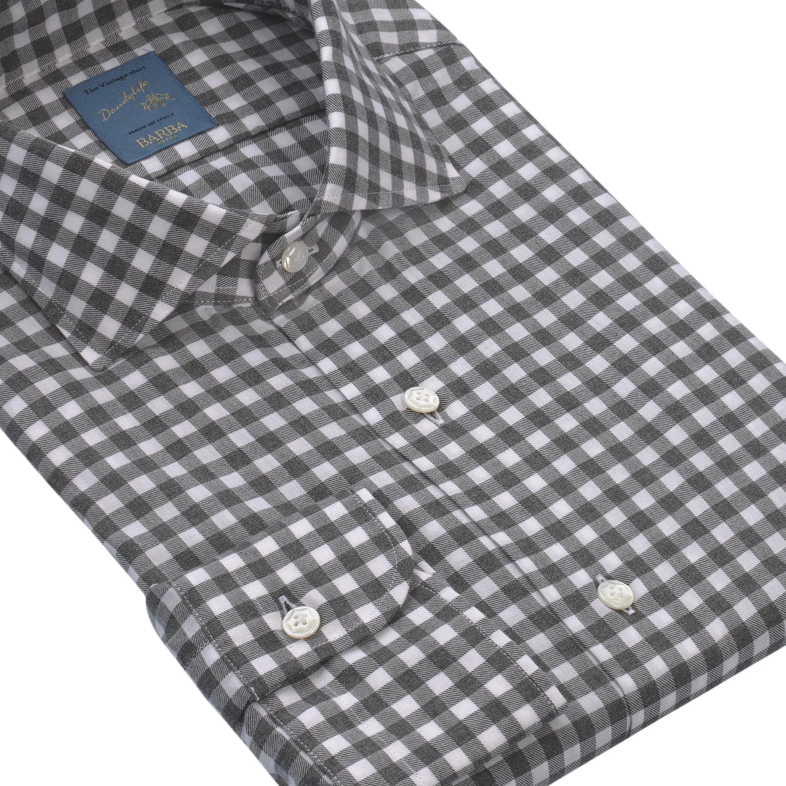 "Dandy Life" Gingham-Check Cotton Shirt in Grey and White