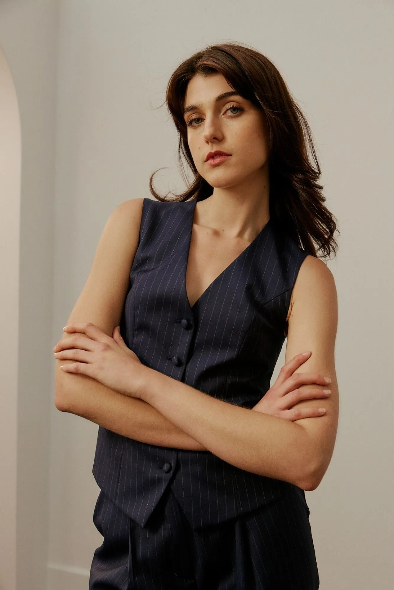 Rachel 5 Button Vest - Navy Pin Stripe