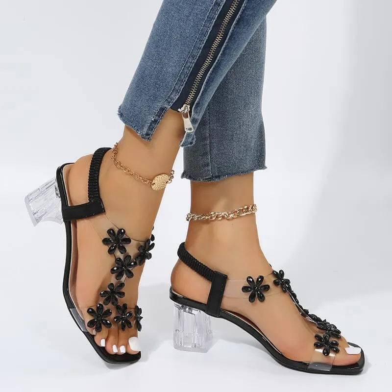 Rhinestone Open Toe Chunky Heel Sandals