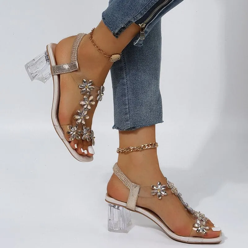 Rhinestone Open Toe Chunky Heel Sandals