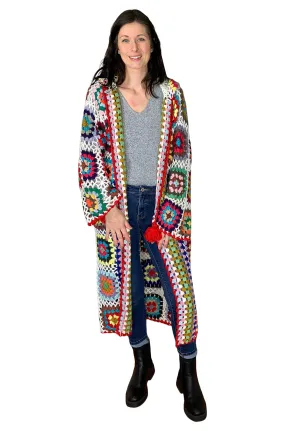 Saachi Granny Square Crocheted Long Hooded Kimono Sweater in White Multicolor