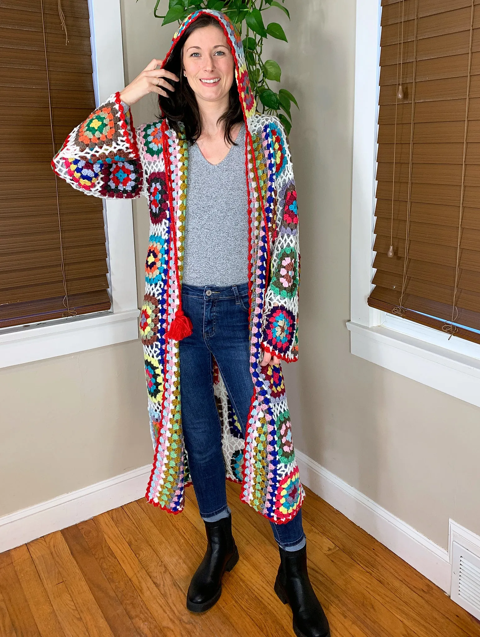 Saachi Granny Square Crocheted Long Hooded Kimono Sweater in White Multicolor