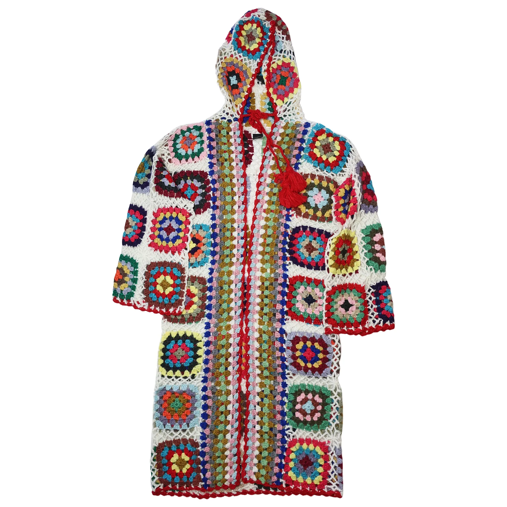 Saachi Granny Square Crocheted Long Hooded Kimono Sweater in White Multicolor