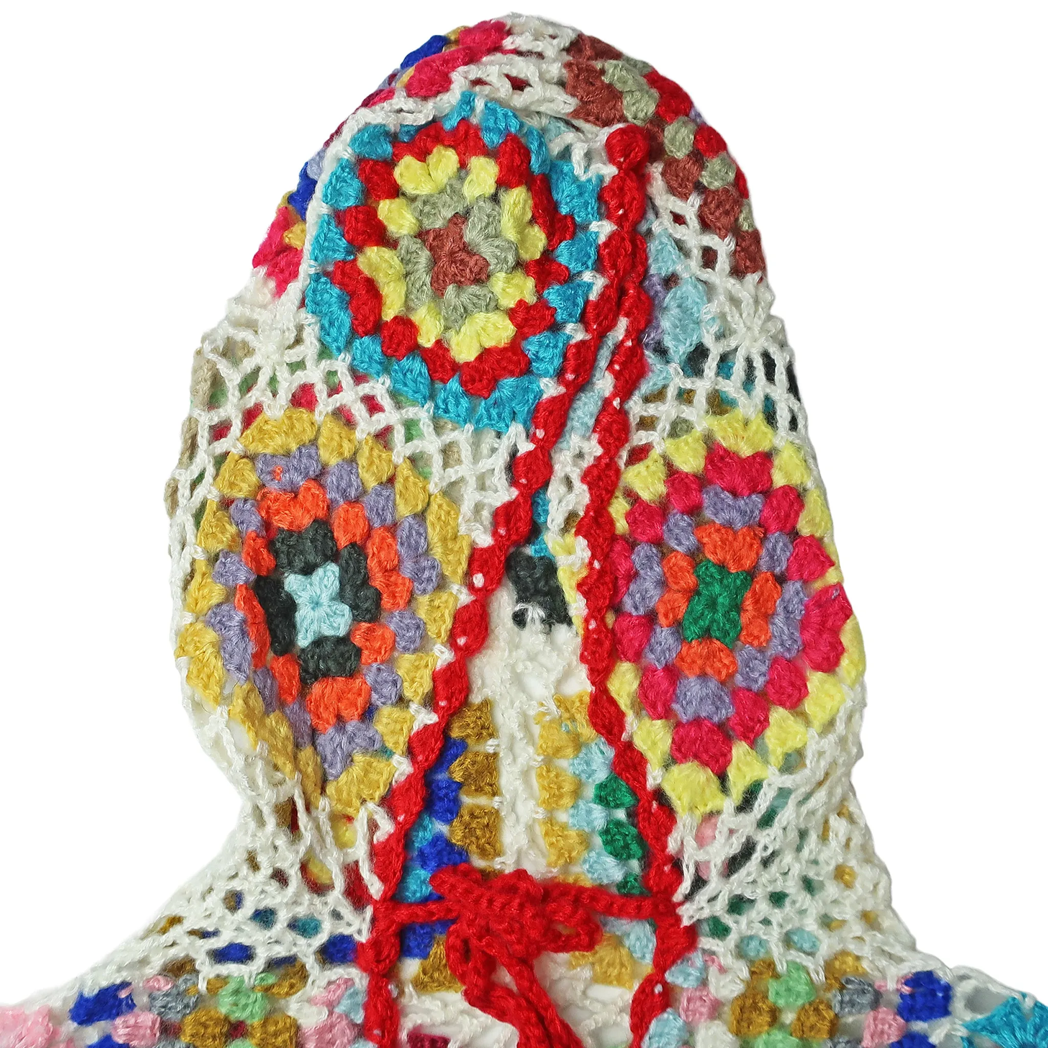 Saachi Granny Square Crocheted Long Hooded Kimono Sweater in White Multicolor