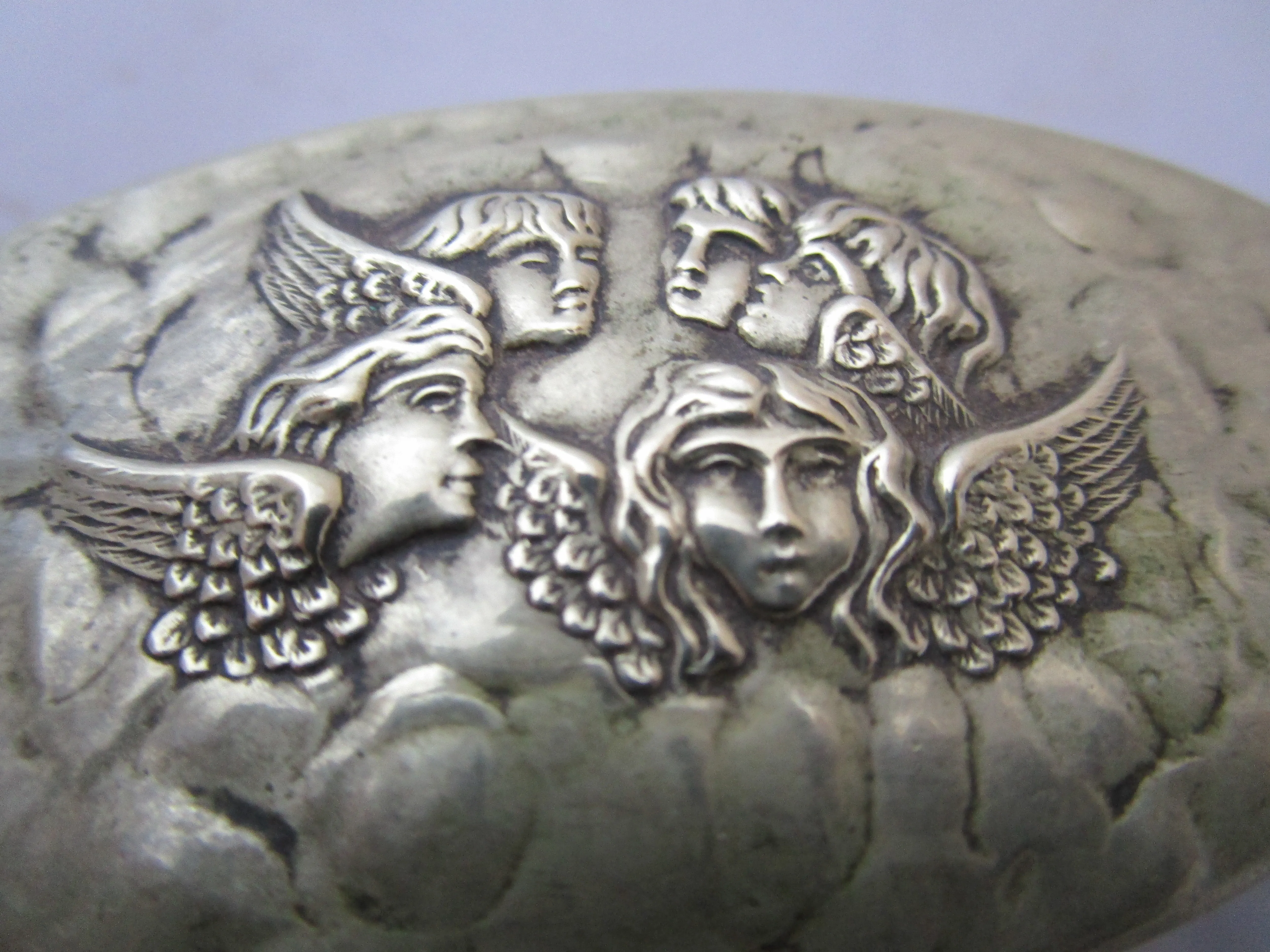 Silver Plate Repousse Putti Cherub Pill Box Antique Art Nouveau c1890