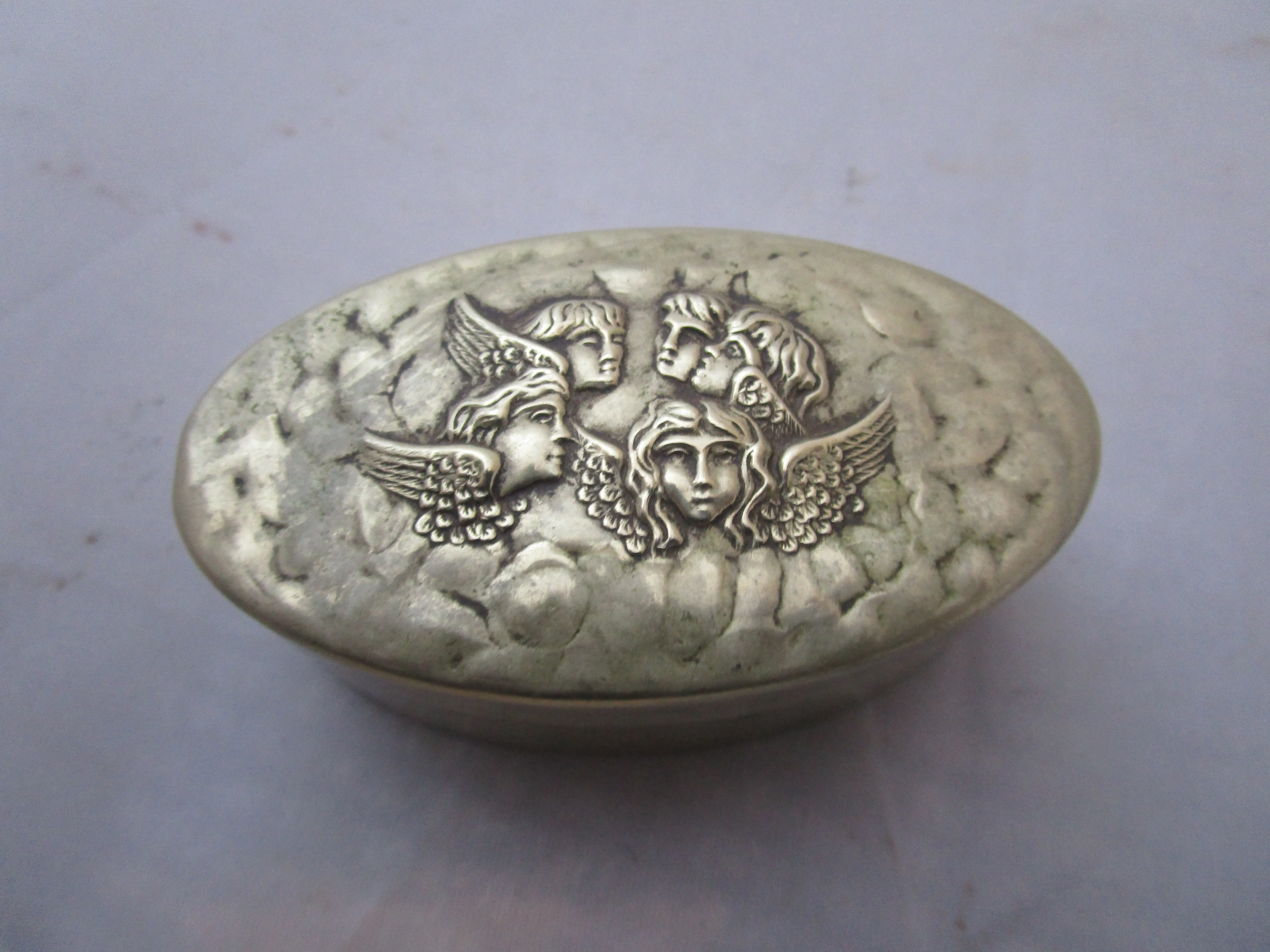 Silver Plate Repousse Putti Cherub Pill Box Antique Art Nouveau c1890