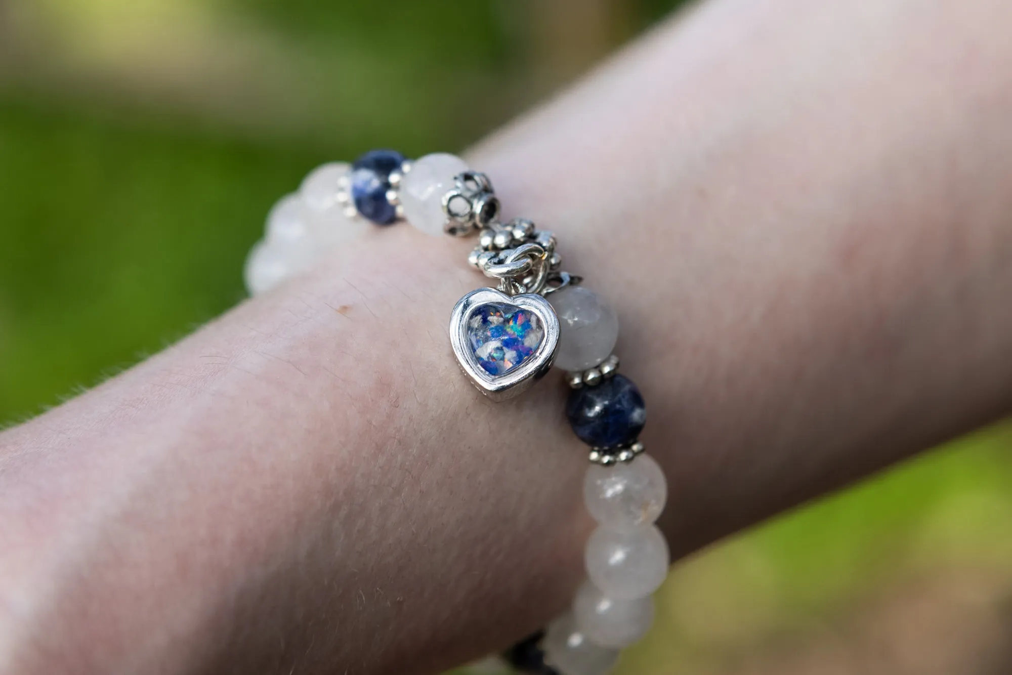 Snow Quartz and Sodalite Healing Bracelet with Cremation Ashes