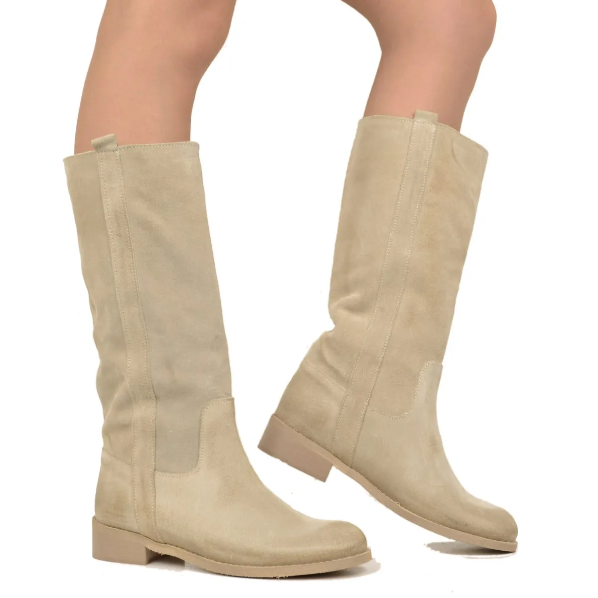 Stivali Camperos Donna Beige in Pelle Vintage Scamosciata