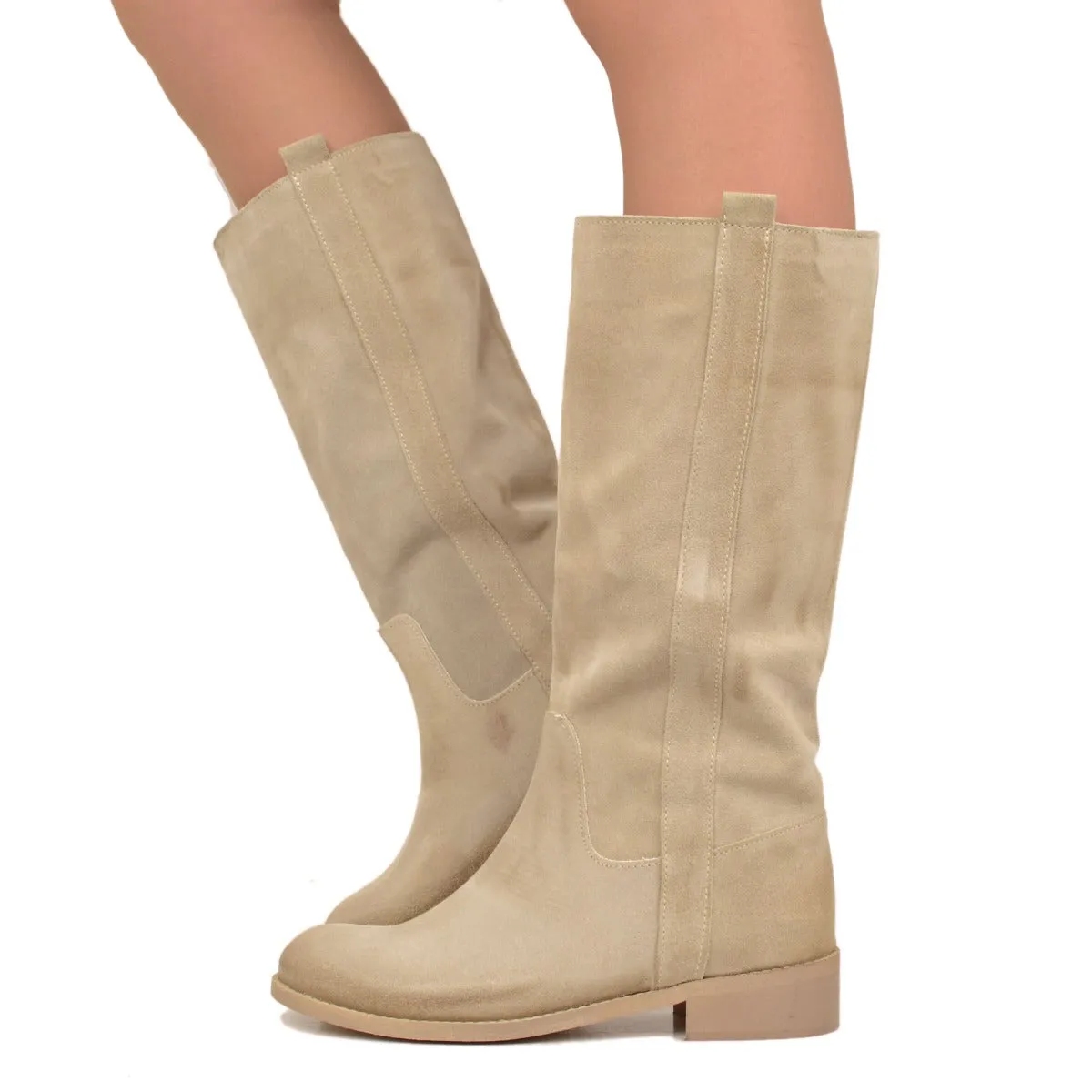 Stivali Camperos Donna Beige in Pelle Vintage Scamosciata