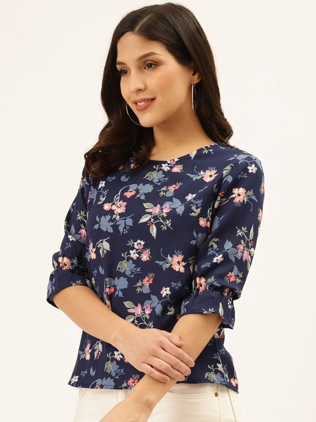 Style Quotient Women Blue and Multi Floral Printed Polyester Smart Casual Top