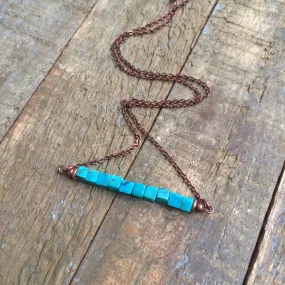 Turquoise Cube Bar Pendant Necklace with Antiqued Copper Chain