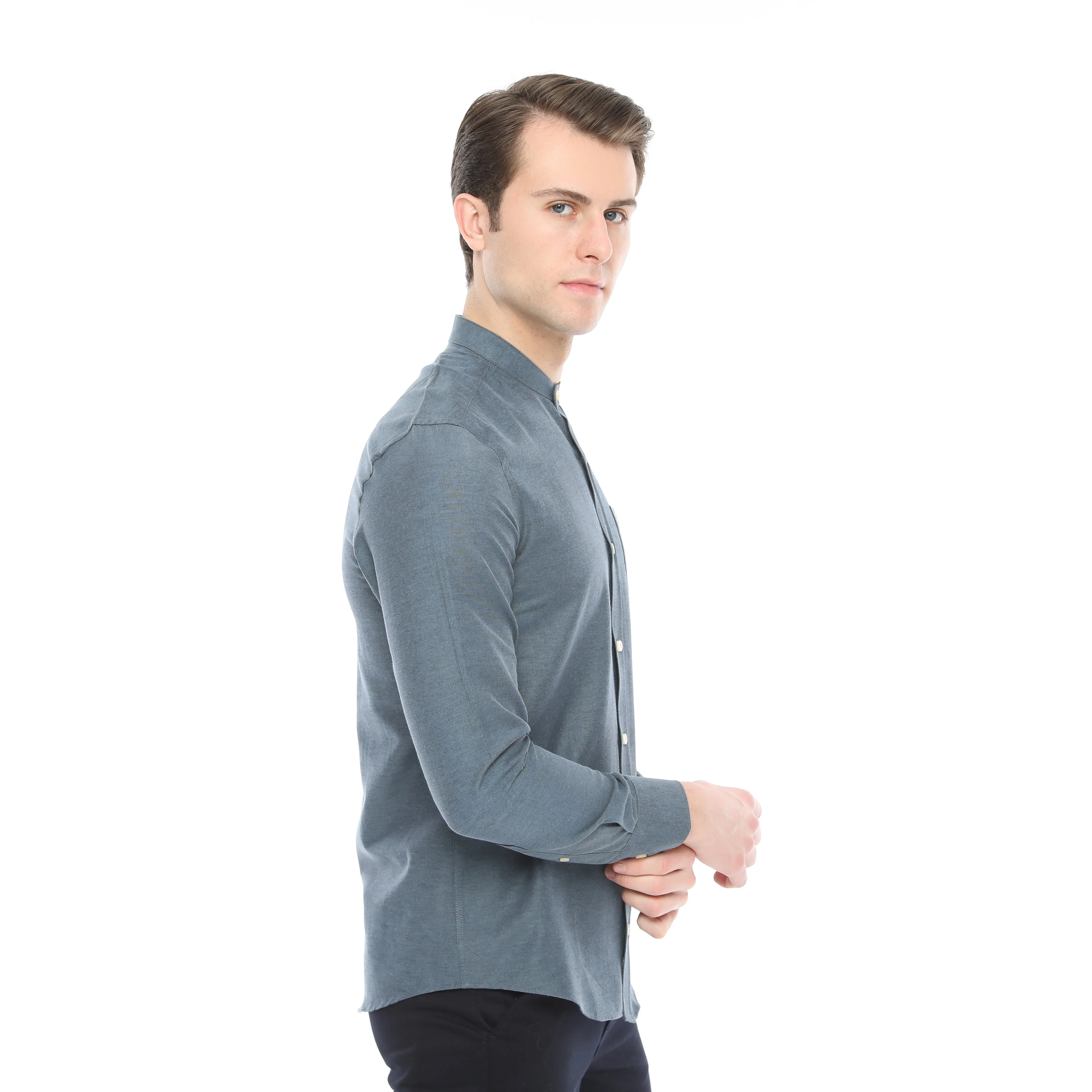 Xact Mens Grandad Collar Nehru Oxford Shirt 'Gustus' Long Sleeved - Slim Fit