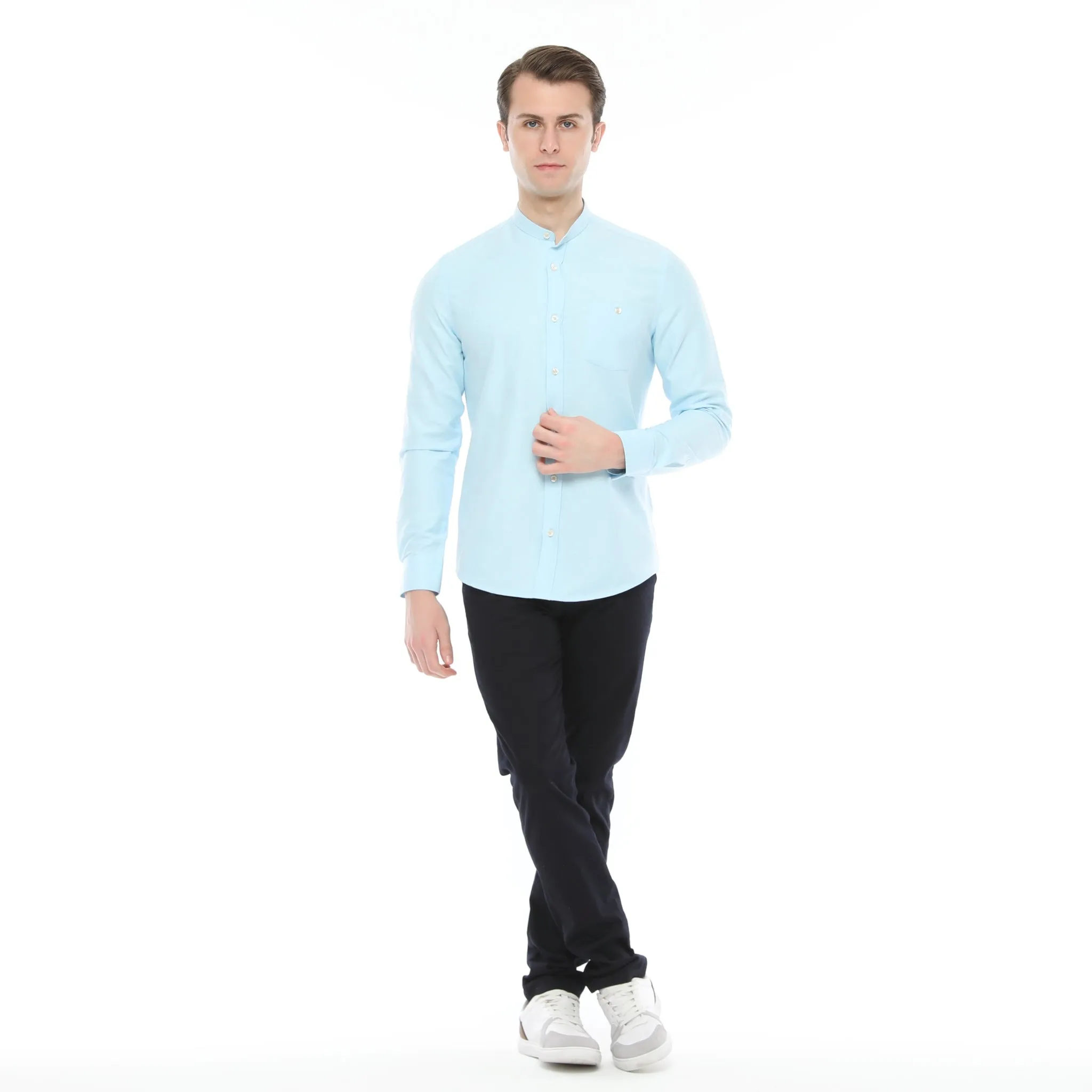 Xact Mens Grandad Collar Nehru Oxford Shirt 'Gustus' Long Sleeved - Slim Fit