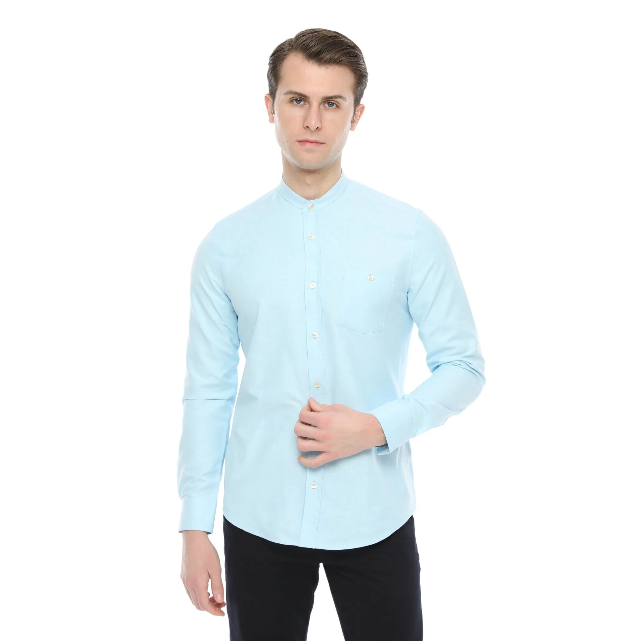 Xact Mens Grandad Collar Nehru Oxford Shirt 'Gustus' Long Sleeved - Slim Fit